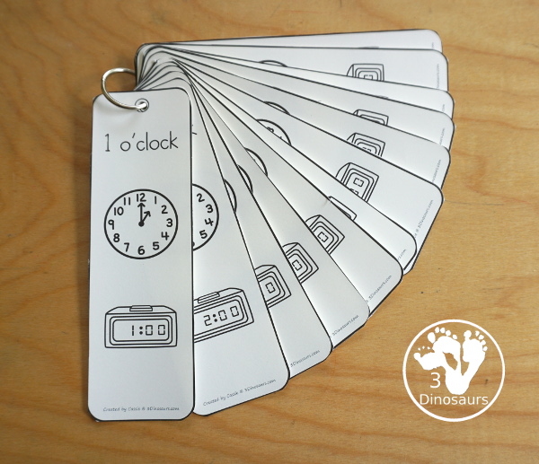 Free Hourly Telling Time Bookmarks - 12 fun bookmarks for working on telling time by hours with words, analog clock and digital clock - 3Dinosaurs.com