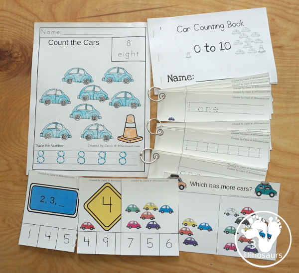 Transportation Activity Pack: Numbers - a fun set of transportation activities in this fun printable pack that has four sets of number clip cards, numbers 0 to 10 easy reader books, three sets of number tracing strips and number no-prep coloring printables all to help kids learn numbers. - 3Dinosaurs.com