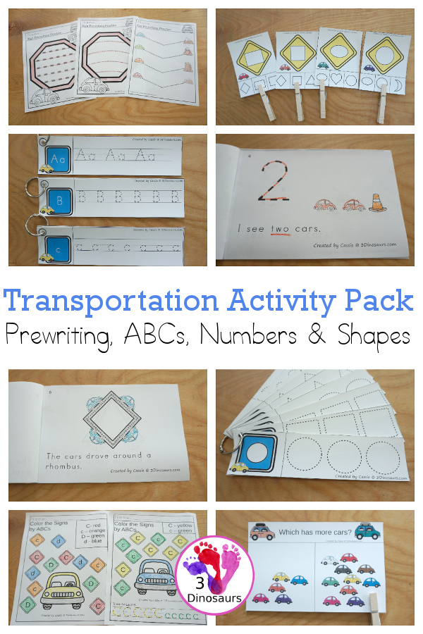 Transportation Activity Pack: Prewriting, ABCs, Shapes, & Numbers - a fun set of transportation activities in this fun printable pack that has easy reader books, clip cards, tracing strips and no-prep printables all to help kids learn in a fun way - 3Dinosaurs.com - 3Dinosaurs.com