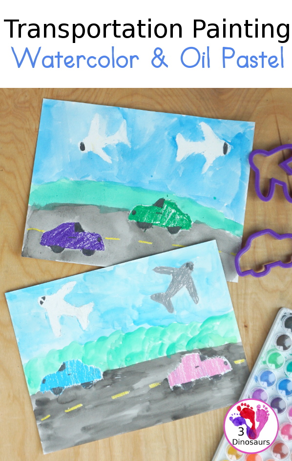 Transportation Painting with Watercolors and Oil Pastels - a super fun car and plane painting that kids can do with mixed art of watercolor and oil pastels - 3Dinosaurs.com