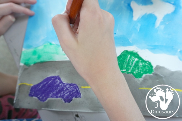 Transportation Painting with Watercolors and Oil Pastels - a super fun car and plane painting that kids can do with mixed art of watercolor and oil pastels - 3Dinosaurs.com