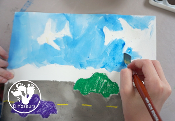 Transportation Painting with Watercolors and Oil Pastels - a super fun car and plane painting that kids can do with mixed art of watercolor and oil pastels - 3Dinosaurs.com