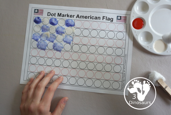 Free Dot Marker American Flag Printable -an easy fine motor craft with dot markers that kids can do to make an American Flag. This is great for Flag Day, Memorial Day, and the Fourth of July - 3Dinosaurs.com