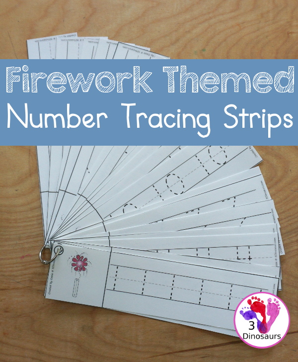 Free Firework Number Tracing Strips - with numbers 0 to 20. You have an example of the numerical number for kids to see the example of how to trace and then- 3Dinosaurs.com