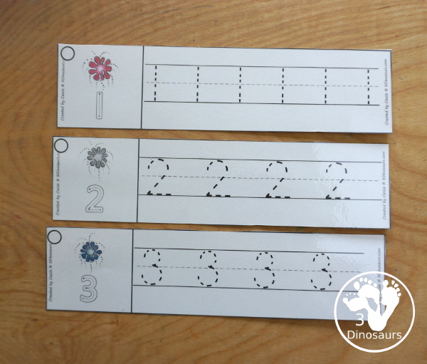 Free Firework Number Tracing Strips - with numbers 0 to 20. You have an example of the numerical number for kids to see the example of how to trace and then- 3Dinosaurs.com