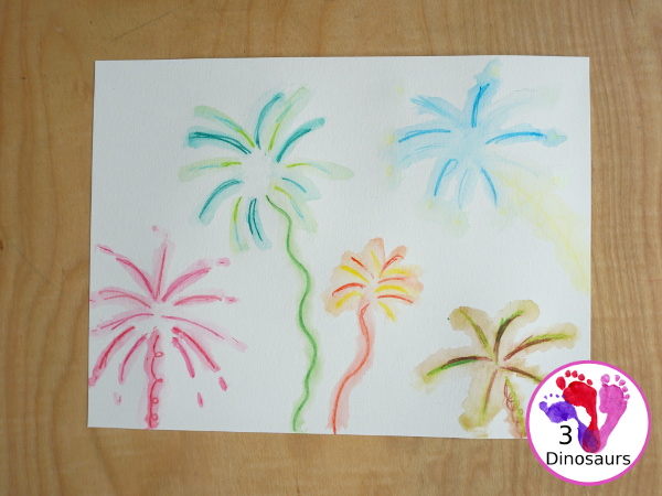 Watercolor Pencil Fireworks Craft for Kids - with a simple painting using watercolor pencils for kids to make fireworks - 3Dinosaurs.com