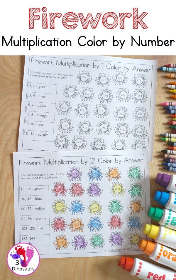 Free Firework Multiplication Color by Number Worksheet - with multiplication from 1 to 12 with a multiplication worksheet for each number. You solve the multiplication problem and the color the firework by the correct answer - 3Dinosaurs.com