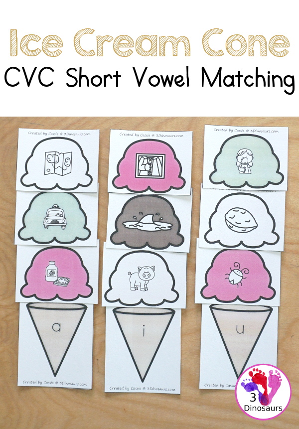 Free Ice Cream CVC Short Vowel Matching Printable - withs five short vowels a, e, i, o, u, and three matching CVC pictures for each short vowel with a recording sheets - 3Dinosaurs.com