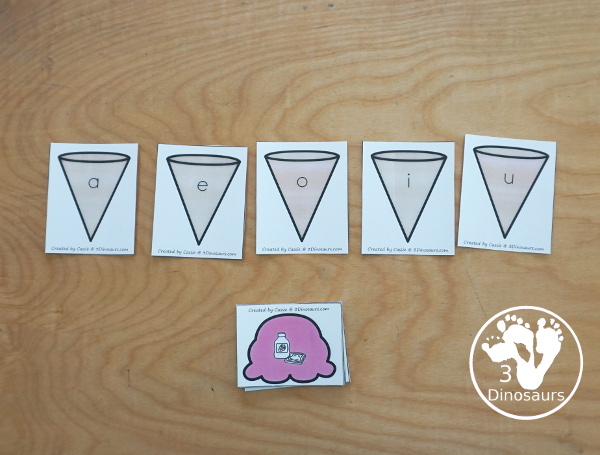 Free Ice Cream CVC Short Vowel Matching Printable - withs five short vowels a, e, i, o, u, and three matching CVC pictures for each short vowel with a recording sheets - 3Dinosaurs.com