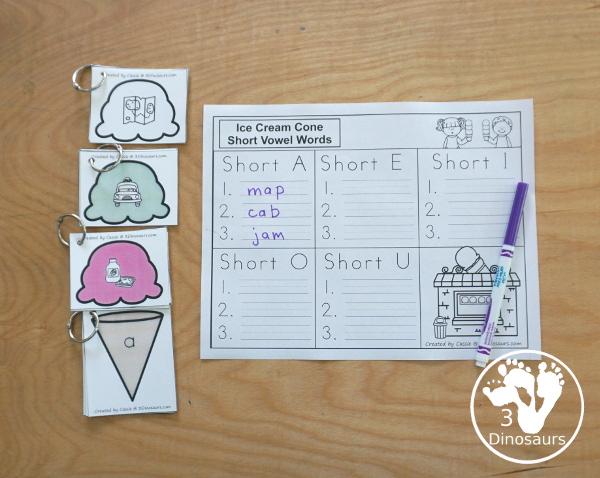 Free Ice Cream CVC Short Vowel Matching Printable - withs five short vowels a, e, i, o, u, and three matching CVC pictures for each short vowel with a recording sheets - 3Dinosaurs.com