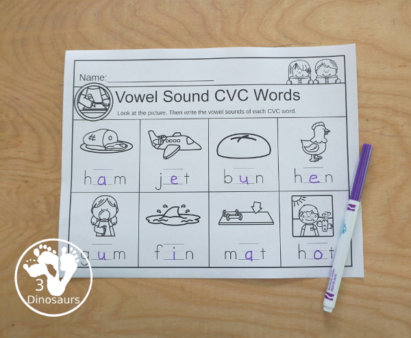 CVC Word Write the Vowel Sound Printable - has short vowel sounds with different endings and by similar ending sounds. You have a t ending sound, b ending sound, g ending sound, m ending sound, n ending sound, d ending sound, p ending sound, and mixed ending sound. All with a mix a short vowel sound words - 3Dinosaurs.com