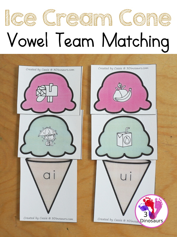 Free Ice Cream  Vowel Team Matching Printable - with two matching ovwel team pictures for each ice cream cone. A great hands-on activity for vowel team words.- 3Dinosaurs.com