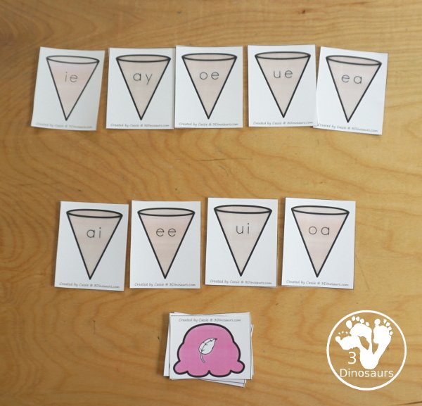 Free Ice Cream  Vowel Team Matching Printable - with two matching ovwel team pictures for each ice cream cone. A great hands-on activity for vowel team words.- 3Dinosaurs.com