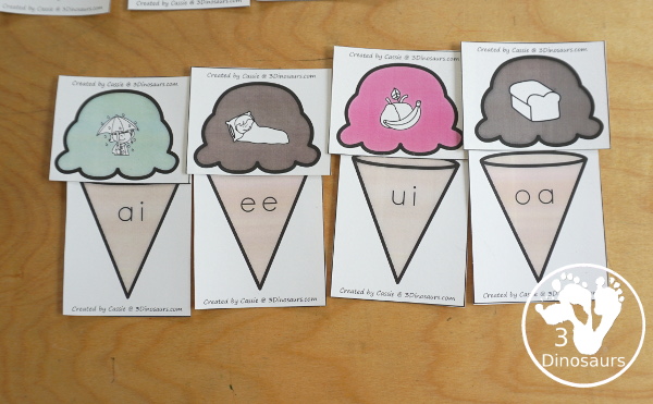 Free Ice Cream Vowel Team Matching Printable - with two matching ovwel team pictures for each ice cream cone. A great hands-on activity for vowel team words.- 3Dinosaurs.com
