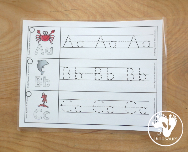 Free Ocean Animal ABC Tracing Strips - with uppercase and lowercase together. You have fun kids with an ocean animal plus you can see an example of how to trace the letters - 3Dinosaurs.com