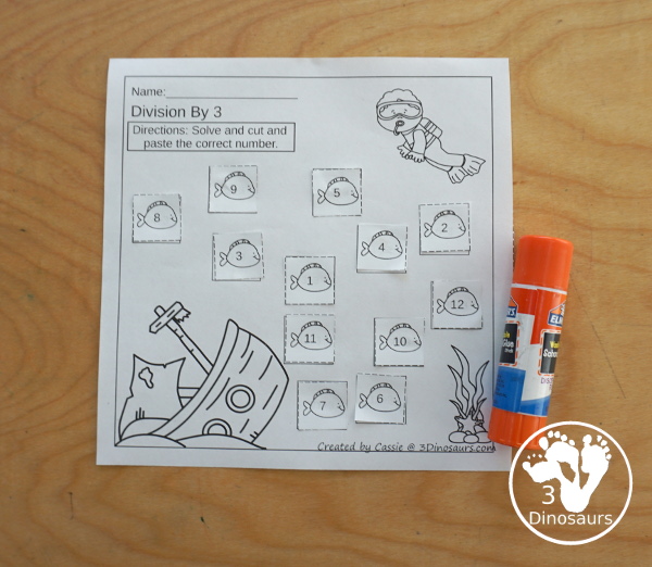 Free Ocean Cut & Paste Division Printable  - with Division for 1 to 12 with cut and paste the answer on the equation and make a fun ocean scene - 3Dinosaurs.com- 3Dinosaurs.com