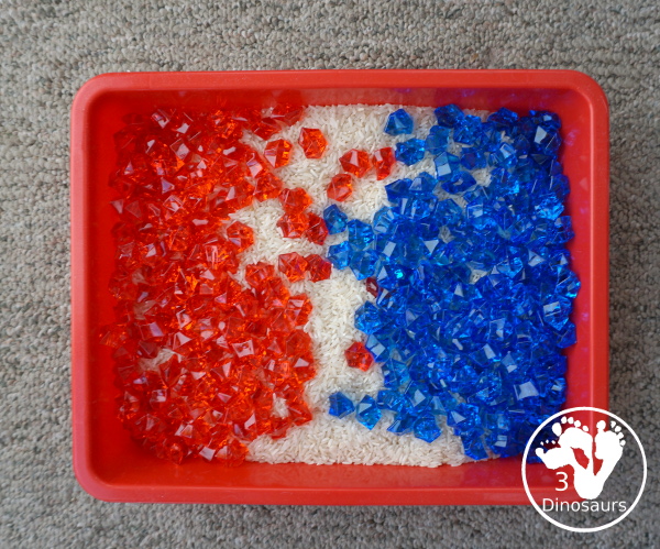 Red White and Blue Sensory Bin for the Fourth of July - a super easy to set up red, white, and blue sensory for the Fourth of July and flag day with three times for the sensory bin. - 3Dinosaurs.com