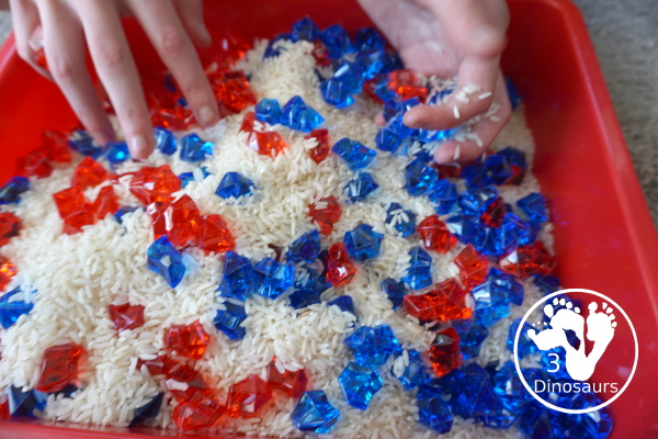 Red White and Blue Sensory Bin for the Fourth of July - a super easy to set up red, white, and blue sensory for the fourth of July and flag day with three times for the sensory bin. - 3Dinosaurs.com