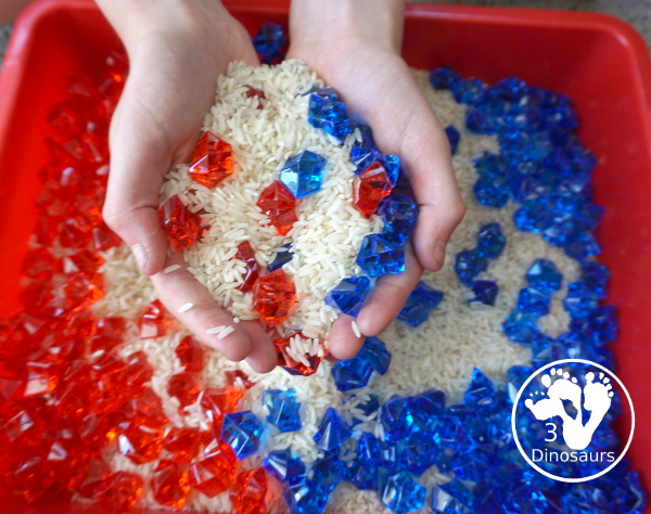 Red White and Blue Sensory Bin for the Fourth of July - a super easy to set up red, white, and blue sensory for the fourth of July and flag day with three times for the sensory bin. - 3Dinosaurs.com