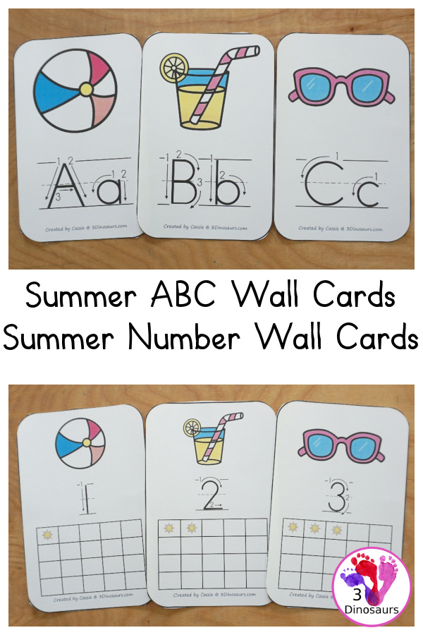 Free Summer Themed ABC & Number Wall Cards with all 26 letters of the alphabet and numbers 0 to 20 with examples of how to write the letters or numbers with fun summer themes on each card - 3Dinosaurs.com