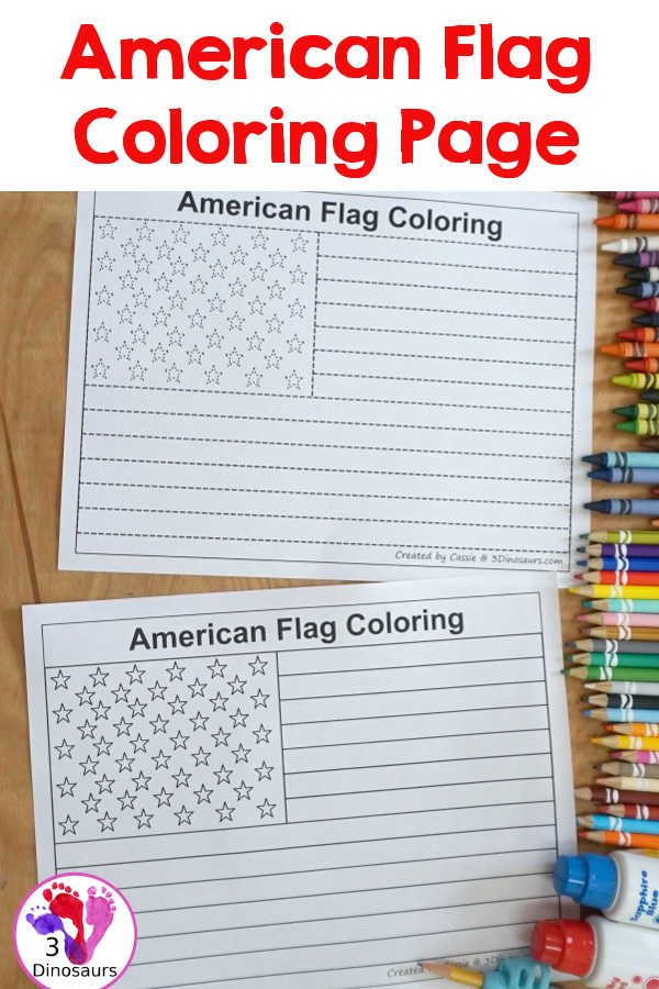 Free American Flag Tracing & Coloring Printable - you have one tracing and coloring American flag and one American flag coloring page - 3Dinosaurs.com