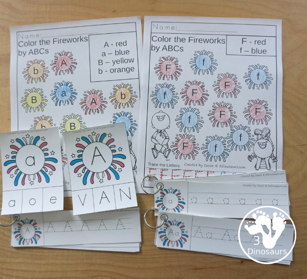 Firework Activity Pack - Prewriting, Shapes, ABCs and Numbers with easy reader books, clip cards, worksheets and tracing strips. A fun learning pack that work great for a fireworks theme for the Fourth of July or  New Years - 3Dinosaurs.com