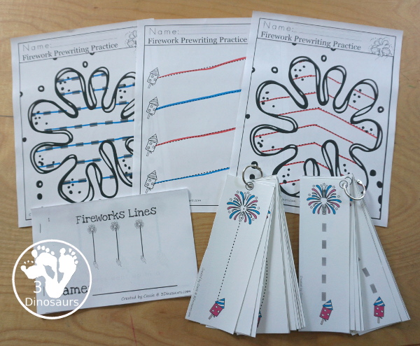 Firework Activity Pack - Prewriting, Shapes, ABCs and Numbers with easy reader books, clip cards, worksheets and tracing strips. A fun learning pack that work great for a fireworks theme for the Fourth of July or New Years - 3Dinosaurs.com