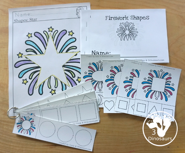 Firework Activity Pack - Prewriting, Shapes, ABCs and Numbers with easy reader books, clip cards, worksheets and tracing strips. A fun learning pack that work great for a fireworks theme for the Fourth of July or  New Years - 3Dinosaurs.com