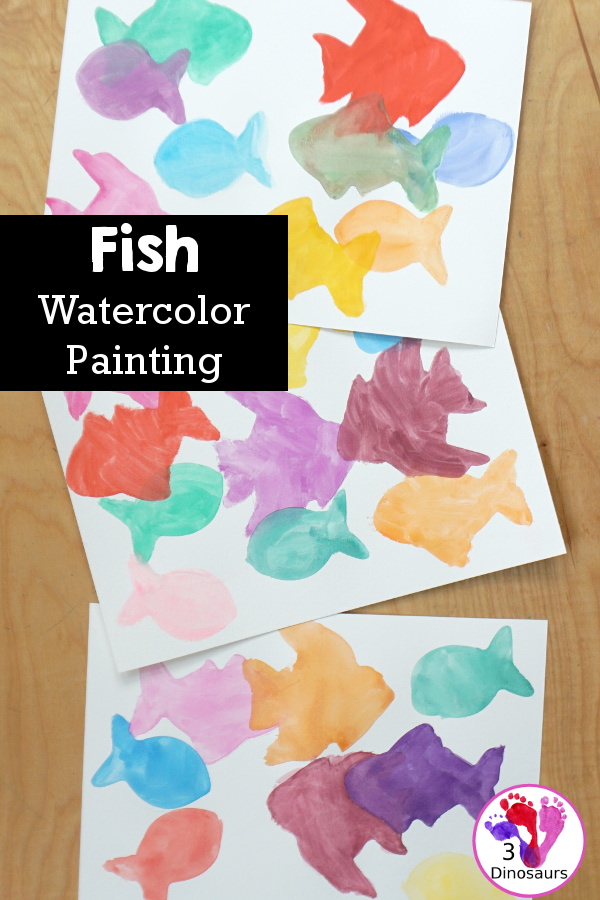 Fish Watercolor Painting with Cookie Cutters is an easy ocean fish painting you can do with kids. You can use one cookie cutter or several fish cookie cutters to make  the painting  - 3Dinosaurs.com