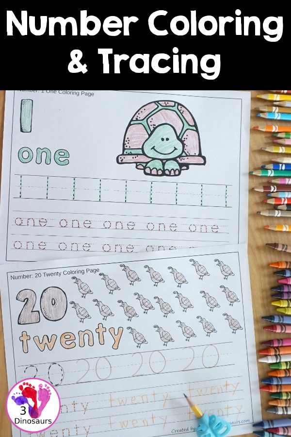 Free Number Coloring & Tracing Printable - It has 0 to 20 for the numbers. You have tracing numerical numbers and number words or writing numerical numbers and number words  - 3Dinosaurs.com
