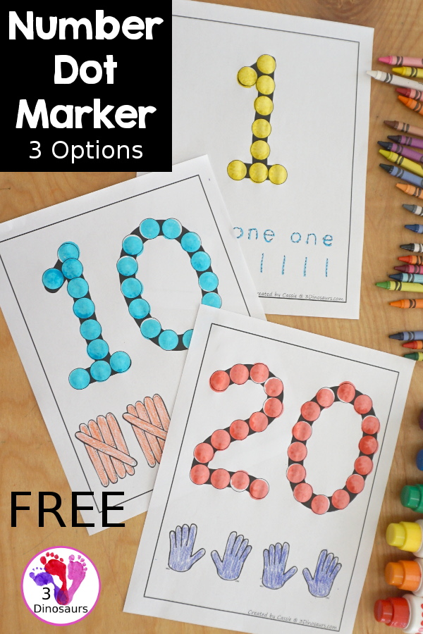 Free Number Dot Marker Pages 0 to 20 - with number tracing, tally marks, and hands for counting. Each option has 0 to 20 for each number so you have 63 pages of printables- 3Dinosaurs.com
