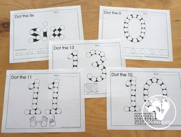 Number Dot Marker Worksheets: 0 to 20 - easy to use printable for kids that like to use dot markers or hands-on items with 6 options for kids to use.- 3Dinosaurs.com