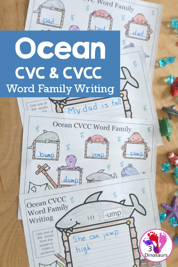 Free Ocean Themed CVC & CVCC Word Family Writing - over 100 pages of printables with building words and writing sentences about each of the words. A fun way to review CVC and CVCC words for the summer or during an ocean theme.- 3Dinosaurs.com