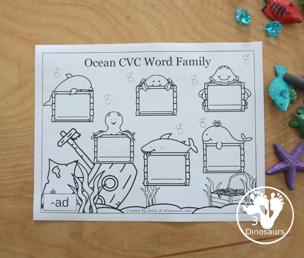 Free Ocean Themed CVC & CVCC Word Family Writing - over 100 pages of printables with building words and writing sentences about each of the words. A fun way to review CVC and CVCC words for the summer or during an ocean theme.- 3Dinosaurs.com