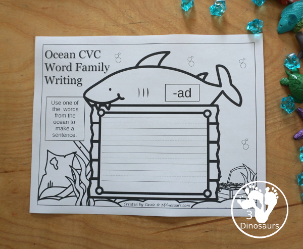 Free Ocean Themed CVC & CVCC Word Family Writing - over 100 pages of printables with building words and writing sentences about each of the words. A fun way to review CVC and CVCC words for the summer or during an ocean theme.- 3Dinosaurs.com