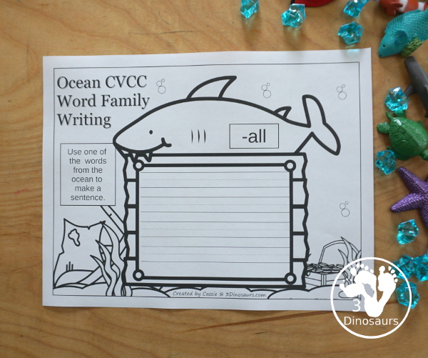 Free Ocean Themed CVC & CVCC Word Family Writing - over 100 pages of printables with building words and writing sentences about each of the words. A fun way to review CVC and CVCC words for the summer or during an ocean theme.- 3Dinosaurs.com