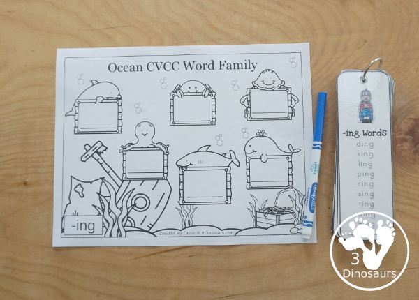Free Ocean Themed CVC & CVCC Word Family Writing - over 100 pages of printables with building words and writing sentences about each of the words. A fun way to review CVC and CVCC words for the summer or during an ocean theme.- 3Dinosaurs.com
