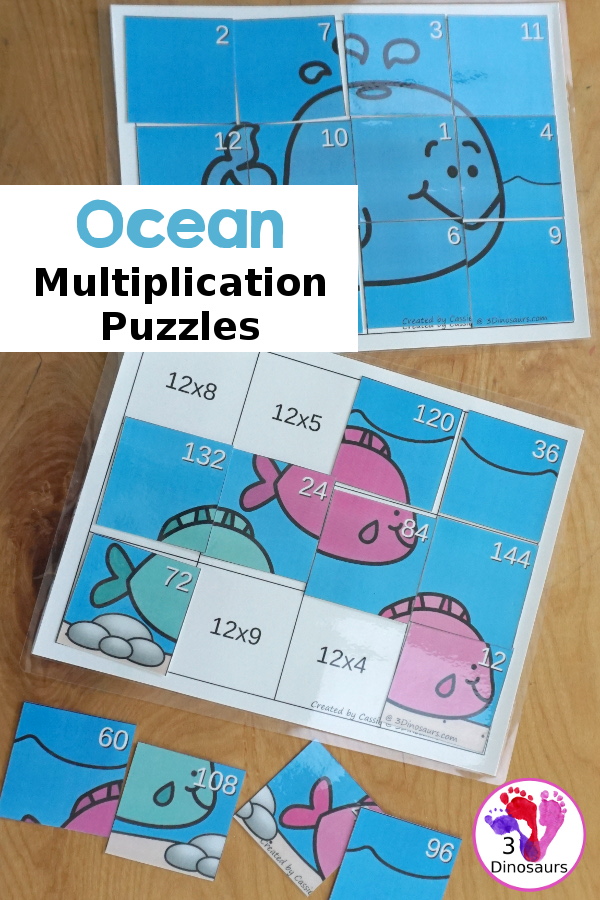 Ocean Multiplication Puzzle Printable is a fun hands-on activity to work on multiplication math facts. You have 12 pieces for each puzzle. You have multiplication facts from 1 to 12 - 3Dinosaurs.com