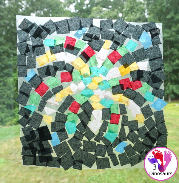 Tissue Paper Firework Craft for Kids - A fun window display for a fireworks craft that you can do for the fourth of July, New Years Eve or any holiday with fireworks. It works great for prek, kindergarten, first grade, and older. - 3Dinosaurs.com