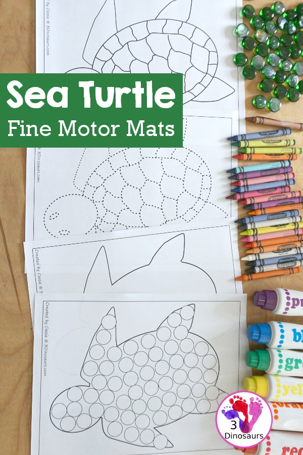 Free Sea Turtle Fine Motor Mats  with a sea turtle template printable, sea turtle outline printables, a sea turtle tracing printable, and a sea turtle dot marker printable - 3Dinosaurs.com