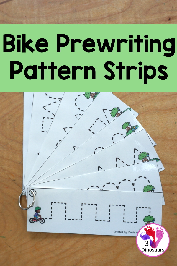 Free Bike Prewriting Pattern Strips, you have 8 prewriting pattern sets with the same prewriting patterns and mixed prewriting patterns. A fun way to change up prewriting with a bike going to the park - 3Dinosaurs.com
