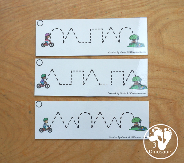 Free Bike Prewriting Pattern Strips, you have 8 prewriting pattern sets with the same prewriting patterns and mixed prewriting patterns. A fun way to change up prewriting with a bike going to the park - 3Dinosaurs.com