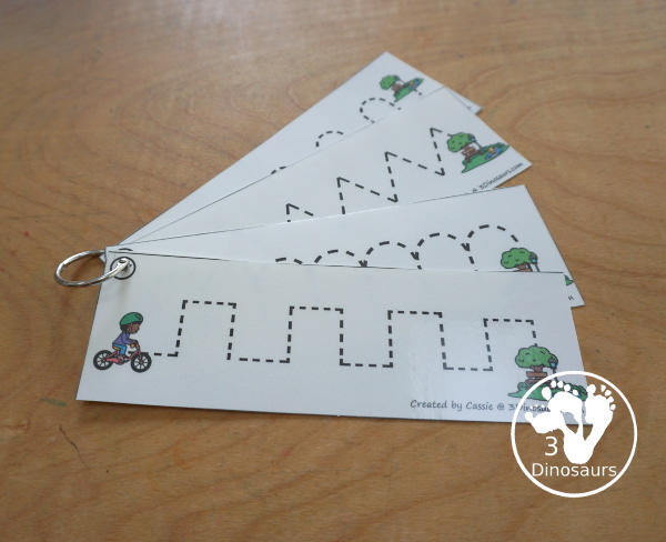 Free Bike Prewriting Pattern Strips, you have 8 prewriting pattern sets with the same prewriting patterns and mixed prewriting patterns. A fun way to change up prewriting with a bike going to the park - 3Dinosaurs.com