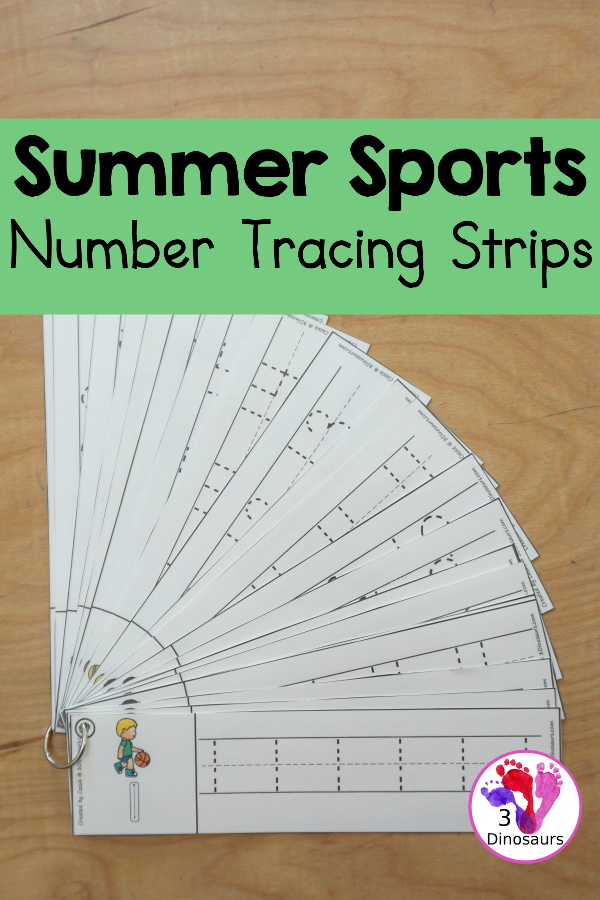 Free Summer Sports Number Tracing Strips - with numbers 0 to 20. You can tracing the numbers and an example of how to trace the numbers on the strips, plus a different summer sport on each tracing strip. - 3Dinosaurs.com