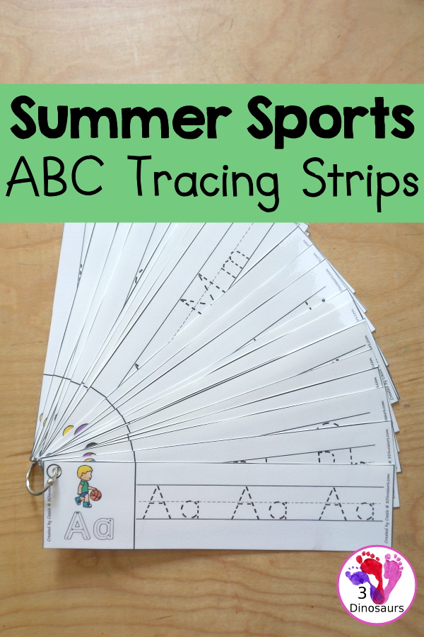 Free Summer Sports ABC Tracing Strips - with uppercase and lowercase together. You have fun kids doing different summer sports plus you can see an example of how to trace the letters - 3Dinosaurs.com