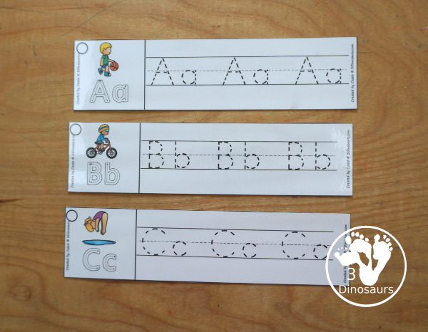 Free Summer Sports ABC Tracing Strips - with uppercase and lowercase together. You have fun kids doing different summer sports plus you can see an example of how to trace the letters - 3Dinosaurs.com