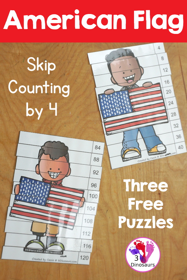 Free American Flag Skip Counting by 4 Puzzle Printable - three skip counting puzzles for kids to use to work on skip counting by 4 with 4 to 120 - 3Dinosaurs.com