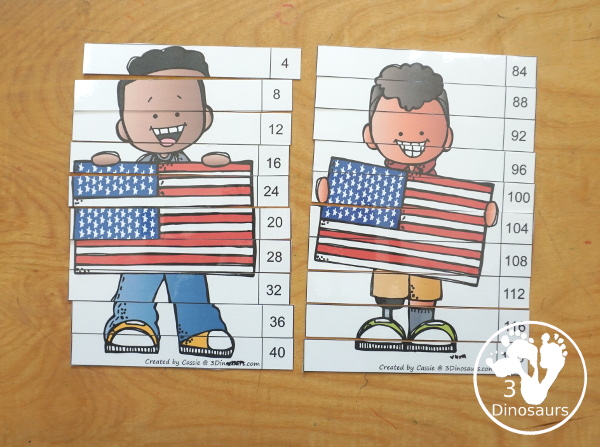 Free American Flag Skip Counting by 4 Puzzle Printable - three skip counting puzzles for kids to use to work on skip counting by 4 with 4 to 120 - 3Dinosaurs.com