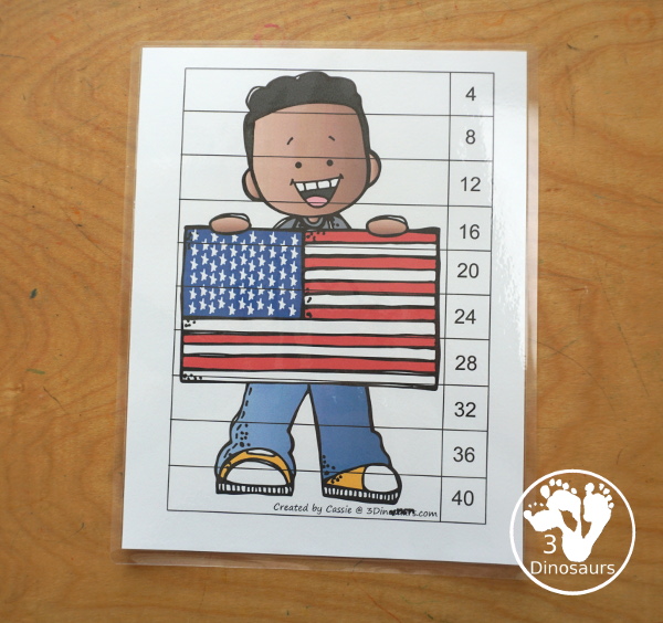 Free American Flag Skip Counting by 4 Puzzle Printable - three skip counting puzzles for kids to use to work on skip counting by 4 with 4 to 120 - 3Dinosaurs.com