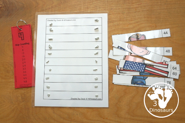 Free American Flag Skip Counting by 4 Puzzle Printable - three skip counting puzzles for kids to use to work on skip counting by 4 with 4 to 120 - 3Dinosaurs.com